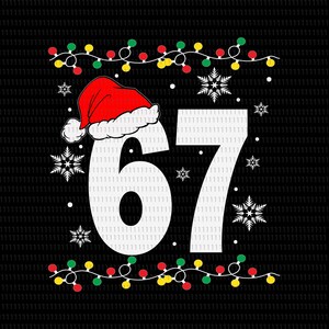 May include: A festive graphic with the number 67 in white, topped with a red Santa hat and snowflakes. The design is framed by strings of red, green, and yellow fairy lights, all on a black background.