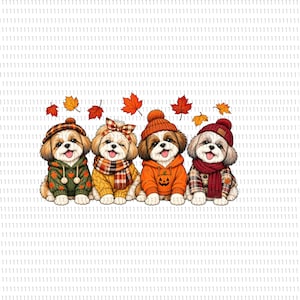 Puede incluir: Una ilustración digital de cuatro perros Shih Tzu sentados en fila, vistiendo ropa con temática otoñal que incluye suéteres, bufandas y gorros de punto, con hojas de arce en tonos naranja, rojo y amarillo flotando sobre sus cabezas.