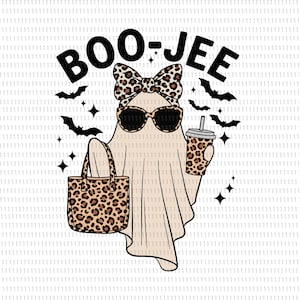 May include: A graphic illustration of a beige ghost wearing leopard print sunglasses and a matching bow. The ghost holds a leopard print tote bag and a matching cup, surrounded by black bats and stars, with the text BOO-JEE printed above.