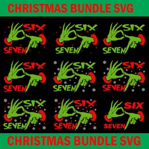 May include: A black background with a repeating pattern of green hands making the 'okay' sign, with the words 'SIX' and 'SEVEN' in red and white. The text 'CHRISTMAS BUNDLE SVG' is at the top and bottom in green.