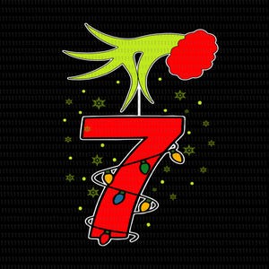 May include: A festive graphic featuring a red number seven with a string of colorful Christmas lights wrapped around it. Above the number is a green hand holding a red ornament. The background is black with scattered yellow stars and dots.
