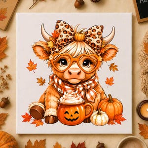 Può includere: Una stampa su tela quadrata raffigurante un cartone animato di una mucca highland con un fiocco leopardato, occhiali arancioni a forma di cuore e una sciarpa a quadri. La mucca tiene una tazza a forma di zucca con panna montata.