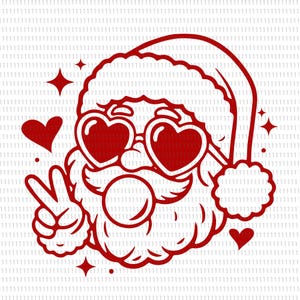 May include: Red graphic of Santa Claus wearing heart-shaped sunglasses and a Santa hat, giving a peace sign. The design includes hearts and stars, perfect for Christmas or Valentine's Day.