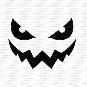 May include: A black graphic design featuring a stylized jack-o'-lantern face with two sharp, triangular eyes and a wide, jagged mouth with pointed teeth, set against a light gray background filled with a repeating pattern of the number one.