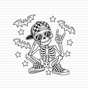 May include: A black and white line art illustration of a skeleton wearing a checkered baseball cap, sunglasses, and high-top sneakers. The skeleton is making a hand gesture with fingers extended, surrounded by three small bats and several stars.