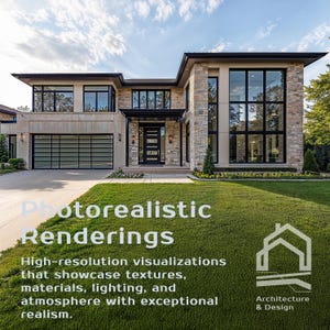 May include: A modern two-story house with a stone facade, large windows, and a glass garage door. The house is set on a green lawn with text that reads "Photorealistic Renderings" and "Architecture & Design".
