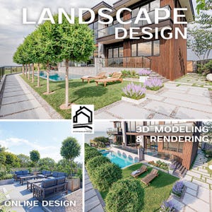 Può includere: Immagine che promuove servizi di progettazione del paesaggio. L'immagine presenta una casa moderna con piscina, mobili da patio e aree verdi. Il testo include "LANDSCAPE DESIGN", "3D MODELING & RENDERING" e "ONLINE DESIGN". È visibile anche il logo Architecture Design.