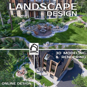 May include: An image showcasing a modern house with the text "LANDSCAPE DESIGN" and "3D MODELING & RENDERING". The image also includes the text "ONLINE DESIGN" and a logo for Architecture Design.