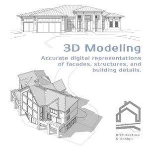 May include: Architectural illustration of 3D modelling of houses. The image shows detailed line drawings of building facades and structures, with the text "3D Modeling" and "Accurate digital representations of facades, structures, and building details."