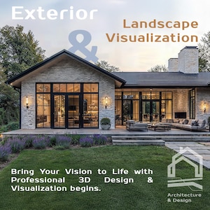 May include: A contemporary house with expansive windows and a dark roof. The image features text: "Exterior & Landscape Visualization" and "Bring Your Vision to Life with Professional 3D Design & Visualization begins."