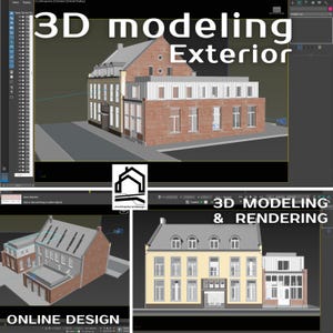 Könnte beinhalten: 3D-Modellierung eines Gebäudeeingangs. Das Bild zeigt ein 3D-Rendering eines Gebäudes mit roter Backsteinfassade, weißen Fenstern und einem grauen Dach. Der Text "3D modeling Exterior" wird oben angezeigt.