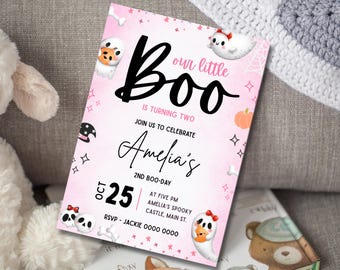 ピンク色の「Our Little Boo is 2」招待状、不気味な2歳の誕生日、Canvaで編集可能