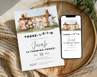 Farm Animals 3rd Birthday Invitation, Barnyard Theme (Digital Download)