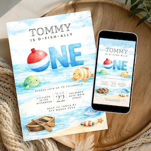 May include: A birthday invitation with a beach theme. The invitation features the text "TOMMY IS O-FISH-ALLY ONE" with a red, white, and blue buoy, and cartoon sea creatures. A smartphone displays the same design.