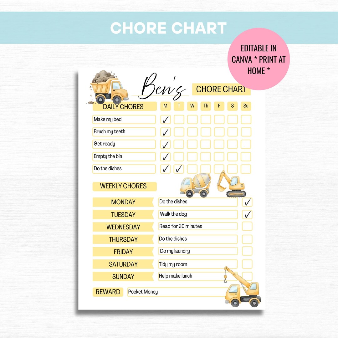 Construction Theme Kids Chore Chart, Daily Weekly Responsibility ...