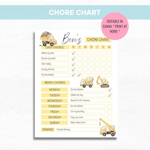 Könnte beinhalten: Eine druckbare Aufgabenliste mit einem Baustellenthema. Die Liste enthält tägliche und wöchentliche Aufgaben mit Kontrollkästchen zum Abhaken. Der Text "CHORE CHART" und "Ben's" stehen oben. Die Liste ist mit Illustrationen von Baufahrzeugen verziert.