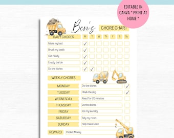 Construction Theme Kids Chore Chart, Daily Weekly Responsibility Tracker (Digital Download)
