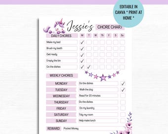 Tabla de tareas de unicornio para niñas, rutina infantil editable e imprimible (Canva PDF)