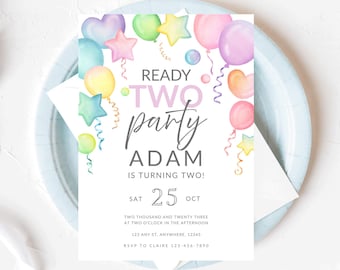 Prêt pour deux personnes, invitation ballon 2e anniversaire, invitation anniversaire pastel, modèle deuxième anniversaire garçon fille