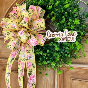 Pink Flower Yellow Bow, Easter Spring Summer Bow for Wreath Bow, Farmhouse Bow, Lantern Bow