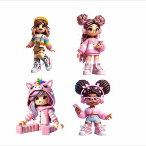 May include: Four colorful Roblox character figurines. One wears a yellow hat with the word "ROBLOX", a rainbow jacket, and sneakers. Another has pink hair, headphones, and a phone. A third is in a unicorn hoodie. The last has dark hair, glasses, and pink headphones.