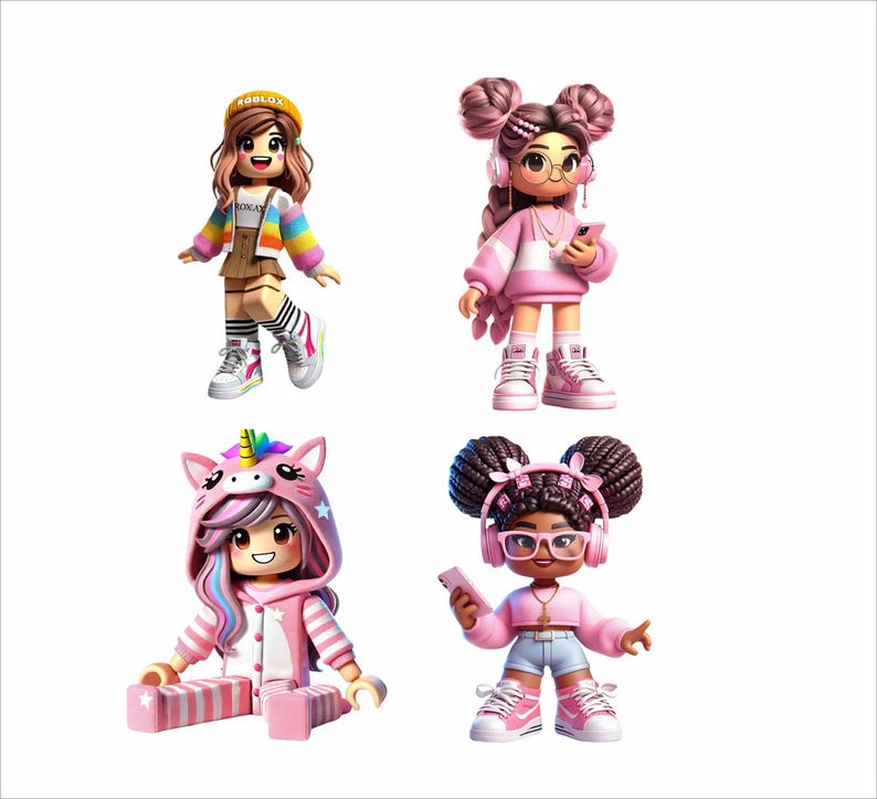 May include: Four colorful Roblox character figurines. One wears a yellow hat with the word "ROBLOX", a rainbow jacket, and sneakers. Another has pink hair, headphones, and a phone. A third is in a unicorn hoodie. The last has dark hair, glasses, and pink headphones.