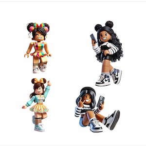 May include: Four Roblox character figures are displayed against a white background. Each figure is a young woman with different hairstyles, outfits, and accessories. One figure wears a rainbow outfit, while another wears a black and white striped top.