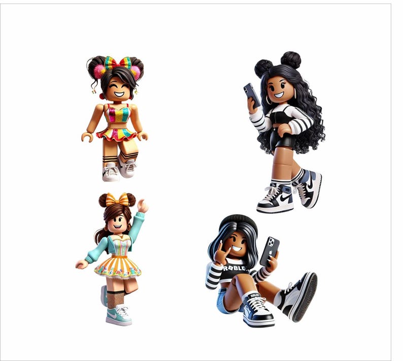 May include: Four Roblox character figures are displayed against a white background. Each figure is a young woman with different hairstyles, outfits, and accessories. One figure wears a rainbow outfit, while another wears a black and white striped top.
