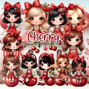 Pode incluir: Uma ilustração digital com várias figuras semelhantes a bonecas com olhos grandes, vestidas com roupas vermelhas e verdes e adornadas com acessórios com tema de cereja. A palavra "Cherry" é exibida em uma fonte decorativa. As bonecas estão sentadas em grandes cerejas.