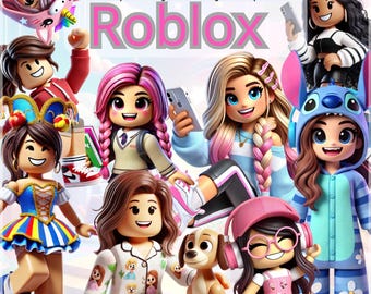 May include: A digital bundle featuring 33 clipart PNG files and 4 digital papers. The image showcases various Roblox characters, including girls with different hairstyles, outfits, and accessories. The word "Roblox" is prominently displayed in pink.