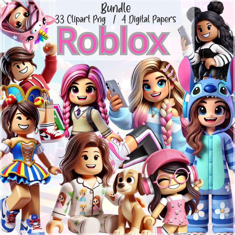 May include: A digital bundle featuring 33 clipart PNG files and 4 digital papers. The image showcases various Roblox characters, including girls with different hairstyles, outfits, and accessories. The word "Roblox" is prominently displayed in pink.