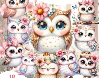 Watercolor Owl Bundle, Cute Owl Clipart, PNG Clipart, Clipart for Commercial Use, Watercolor Clipart, Sublimation