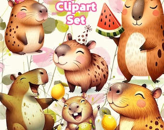 かわいいカピバラのPNG、面白いカピバラのクリップアート、アニメ漫画のデジタルステッカー、Cricut用ファイル、かわいい動物のイラストセット、PNGクリップアートパック