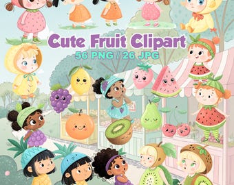 Cute fruit clipart, kawaii fruit PNG, kawaii fruit characters, adorable fruits, transparent background, digital download