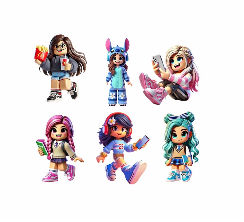 May include: Six colorful cartoon figures of young women in various outfits and poses. One holds fries and a drink, another wears a Stitch costume, and others use phones or books. The figures have large eyes and detailed clothing.