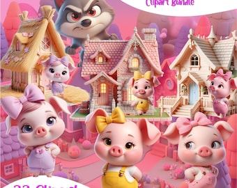 PNG pack of the Three Little Pigs and the Big Bad Wolf for printing, Cute 3 Little Pigs Clipart, Birthday Party, the little pigs, clipart