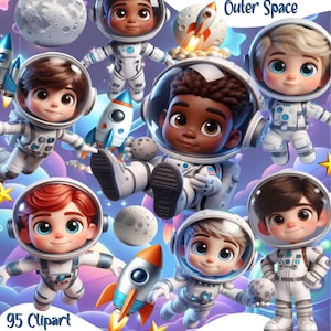 Pode incluir: Ilustração digital de astronautas de desenho animado em trajes espaciais, com planetas, foguetes e estrelas. O texto "Little Astronauts Outer Space", "95 Clipart 12 Paper" e "Instant Download" também está incluído.