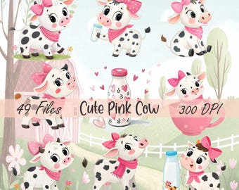 May include: A collection of adorable cartoon cows with pink bows, scarves, and black spots. The image includes the text "Cute Pink Cow", "49 Files", and "300 DPI". The cows are depicted in various poses, some holding bottles of milk.