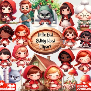 May include: A collection of Little Red Riding Hood-themed clipart. The image features various cartoon characters, including Little Red Riding Hood, the wolf, and the grandmother. The characters are depicted in a cute, whimsical style, with bright colors and detailed designs. The text "Little Red Riding Hood Clipart" is also visible.
