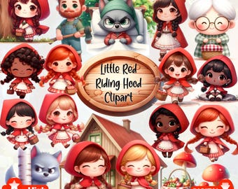 Cute Little Red Riding Hood and Wolf PNG Bundle | Fairy Tale Clipart Set | Little Red Character Collection