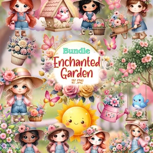 Pode incluir: Um pacote de arte digital intitulado "Enchanted Garden" com personagens de desenhos animados em macacões e chapéus de sol, rodeados por flores, borboletas e elementos de jardim. A imagem inclui uma casa de pássaros, um sol sorridente e um regador.
