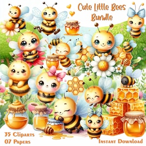 Könnte beinhalten: Digitale Illustration mit einer Sammlung von niedlichen Cartoon-Bienen mit großen Augen, Flügeln und gestreiften Körpern. Das Bild enthält Honigtöpfe, Honigwaben und den Text "Cute Little Bees Bundle". Das Bundle enthält 35 Cliparts und 07 Papiere.