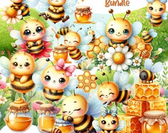 watercolor bee clipart set, floral, honeycomb, digital donwlaod, PNG, cute bee, litle bees