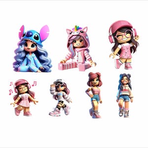 May include: A collection of seven colorful, stylized figurines. Each figure is dressed in unique outfits, including a Stitch costume, a unicorn hoodie, and various casual wear. The figures have large eyes and are posed in different stances, with musical notes near one.