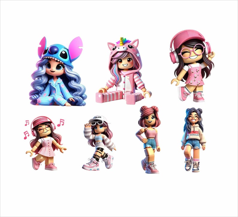 May include: A collection of seven colorful, stylized figurines. Each figure is dressed in unique outfits, including a Stitch costume, a unicorn hoodie, and various casual wear. The figures have large eyes and are posed in different stances, with musical notes near one.