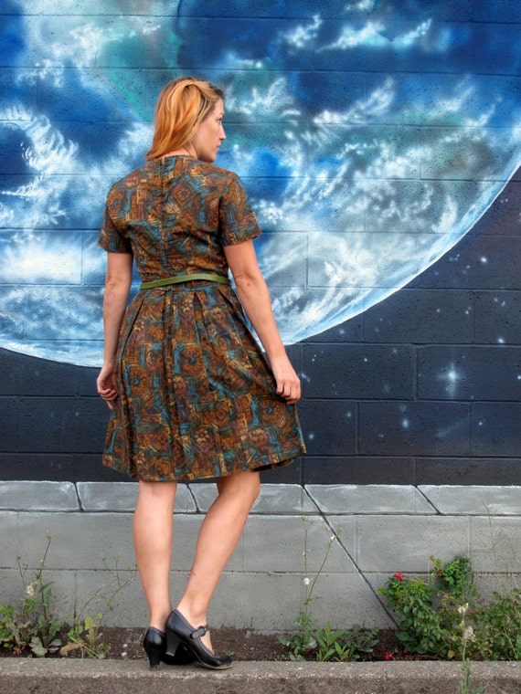 Vintage 50s Dress Novelty Print & Rhinestones Circle Skirt M