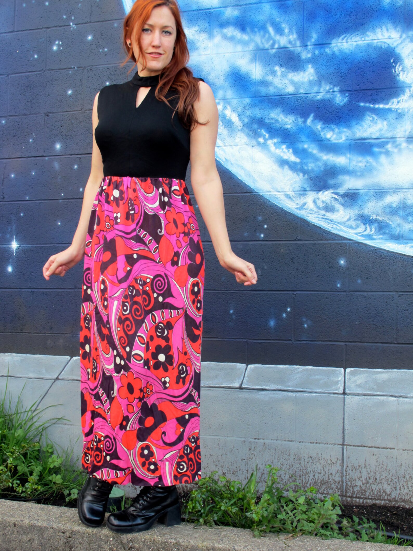 Keyhole Trippy 1960s 70s Psychedelic Spiral Fractal Floral DRESS Bright Maxi Tank ...
