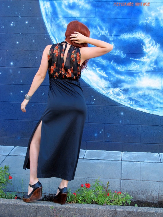 1970s Botanical Dress Sheer Delicate Rust Rose Vintage Maxi // Size: S / M