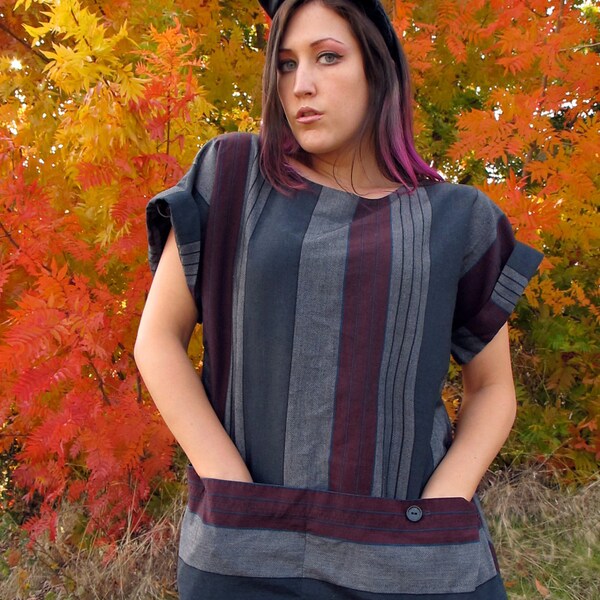 Vtg 80s Artist's Smok Top w/ 2 Large Front Pockets, Great Colors & Chevron / Herringbone Detail ( S , M , L , XL )