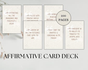 Puede incluir: Una baraja de cartas afirmativas con 100 páginas. Las cartas son de color beige con citas inspiradoras en texto marrón. La baraja está etiquetada como "AFFIRMATIVE CARD DECK". Las citas incluyen "Estoy atrayendo toda la abundancia y prosperidad que deseo."